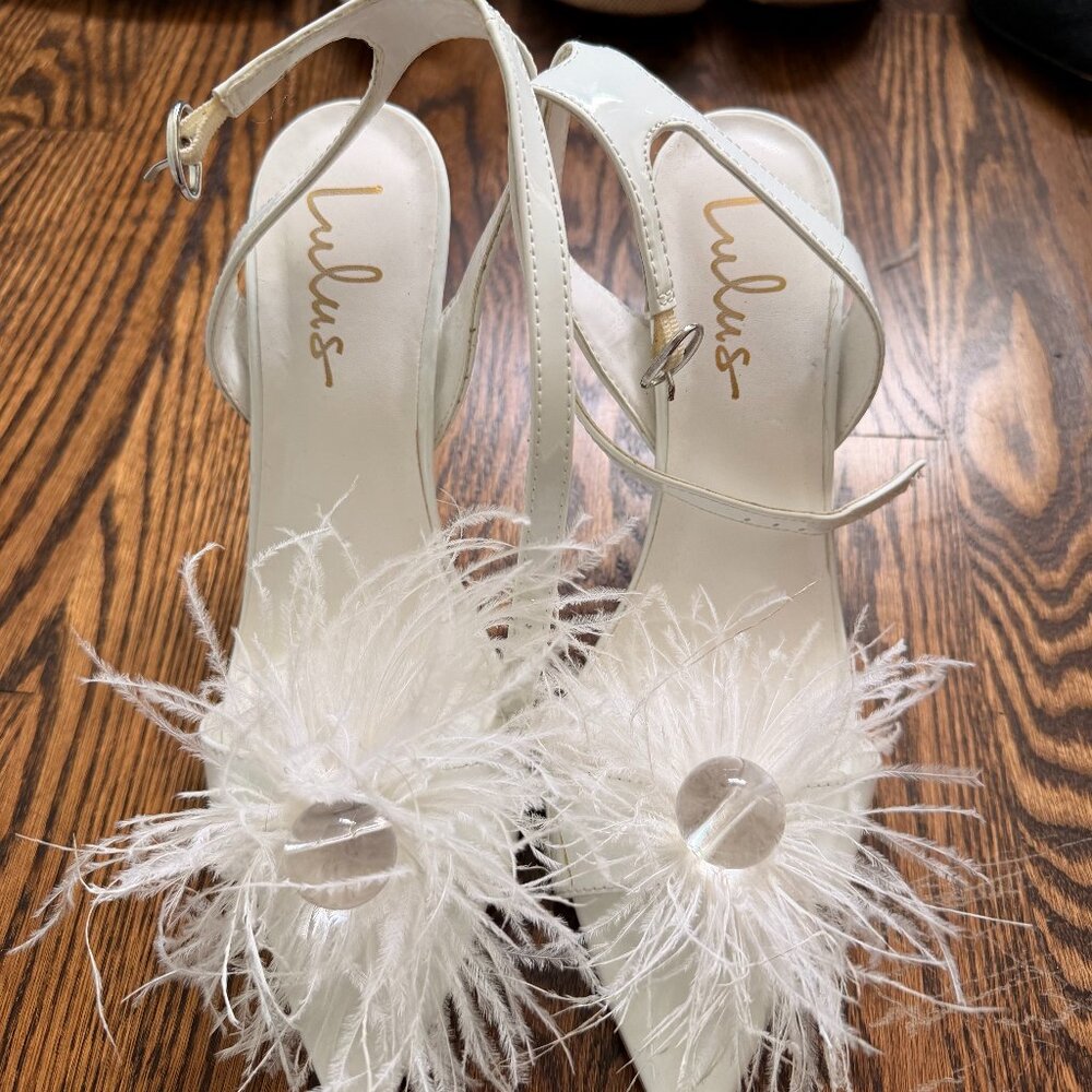 Lulus White Feather Slingback Heels | Pointed Toe